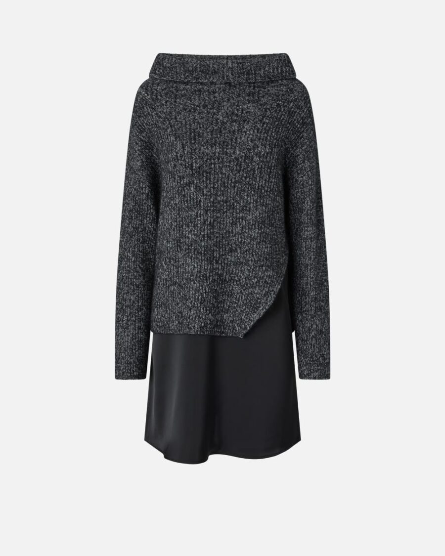 Abito bimateriale con maglione misto alpaca grigio e nero e bianco