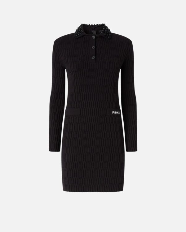 Abito corto in maglia geometrica con colletto gioiello nero limousine