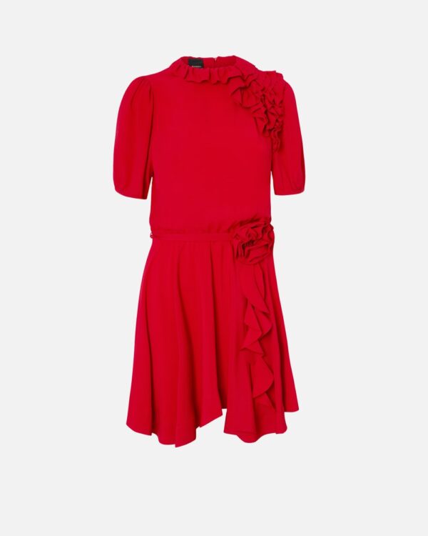 Abito corto misto seta con rosa e volant rosso salsa