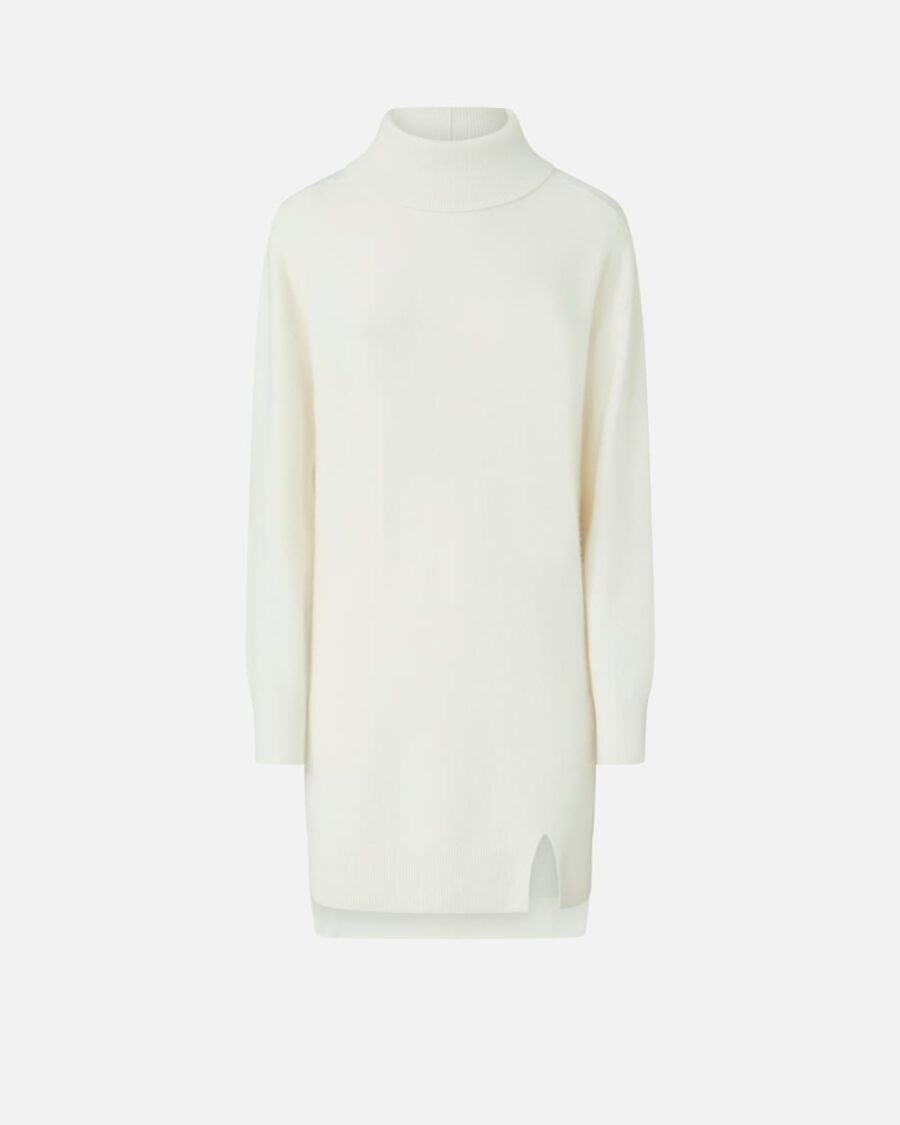 Cashmere-blend turtleneck dress with front slit bianco purezza