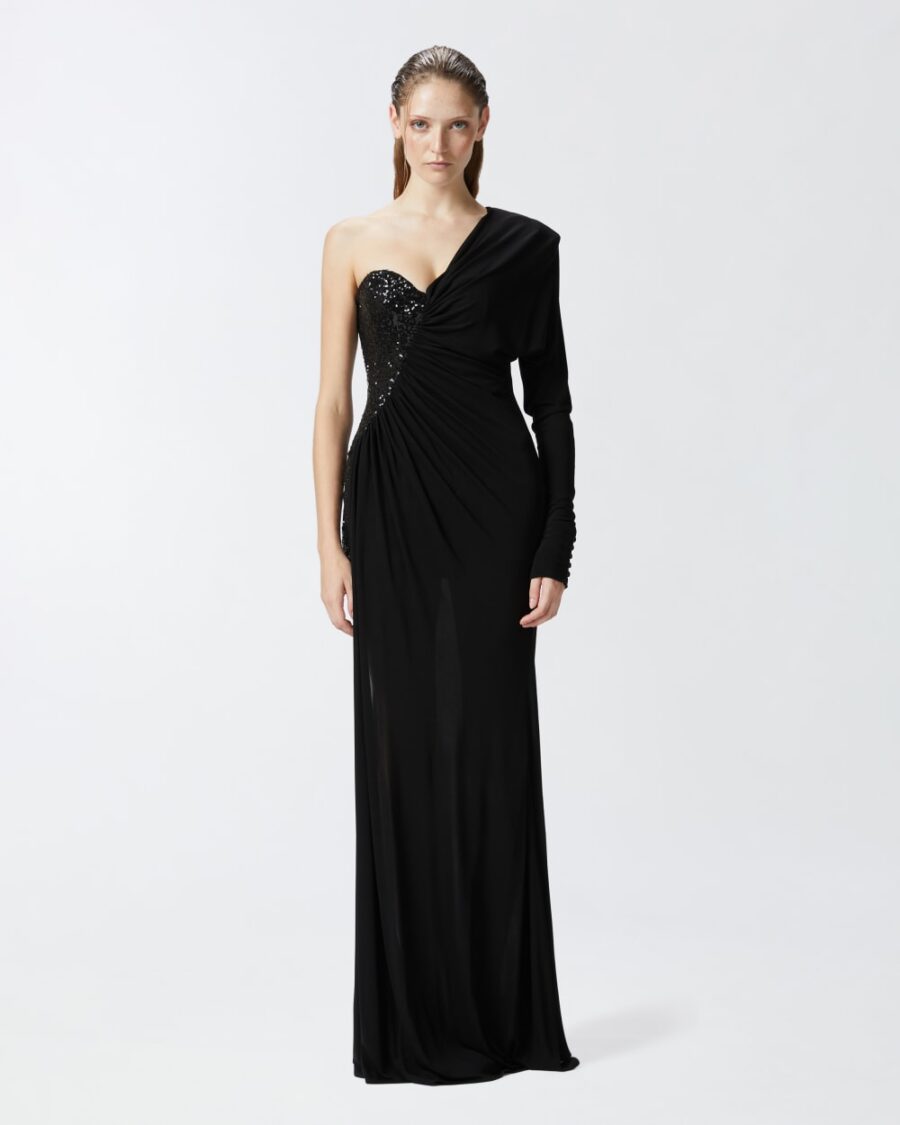 Abito elegante asimmetrico con paillettes nero limousine
