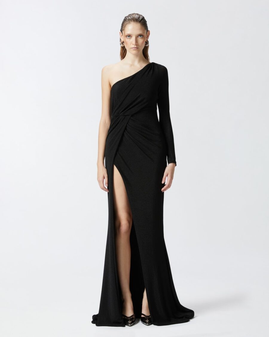 Abito elegante con drappeggi in jersey metallizzato nero e nero lurex
