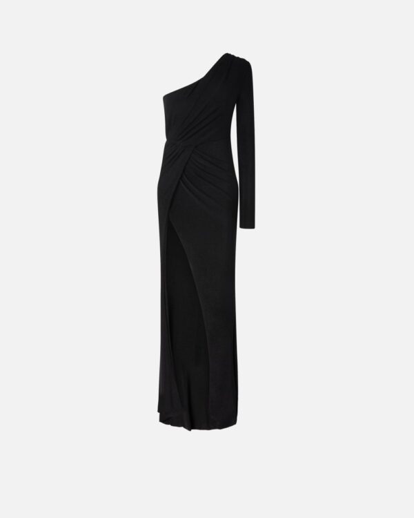 Abito elegante con drappeggi in jersey metallizzato nero e nero lurex