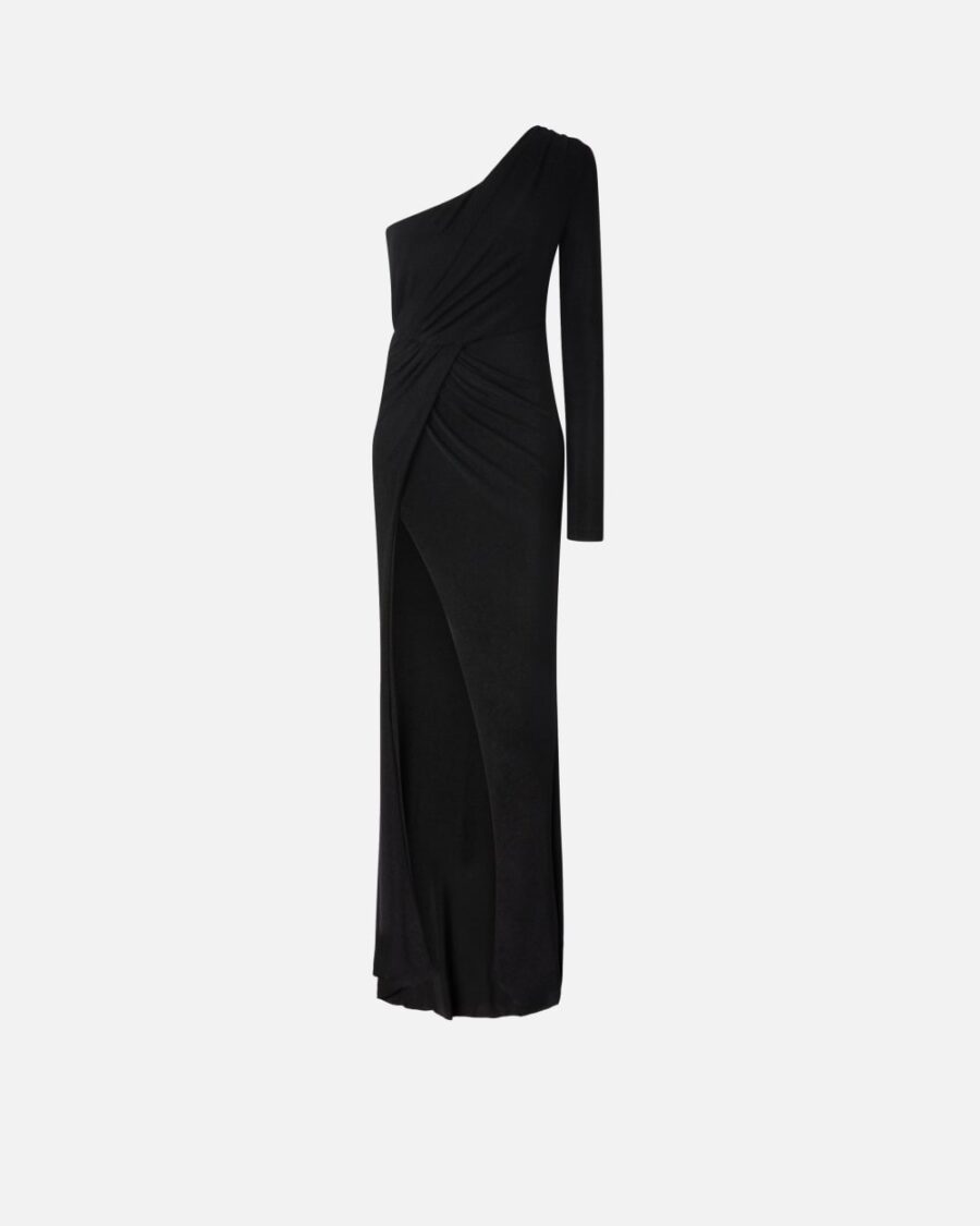 Elegant metallic jersey dress with draping nero e nero lurex