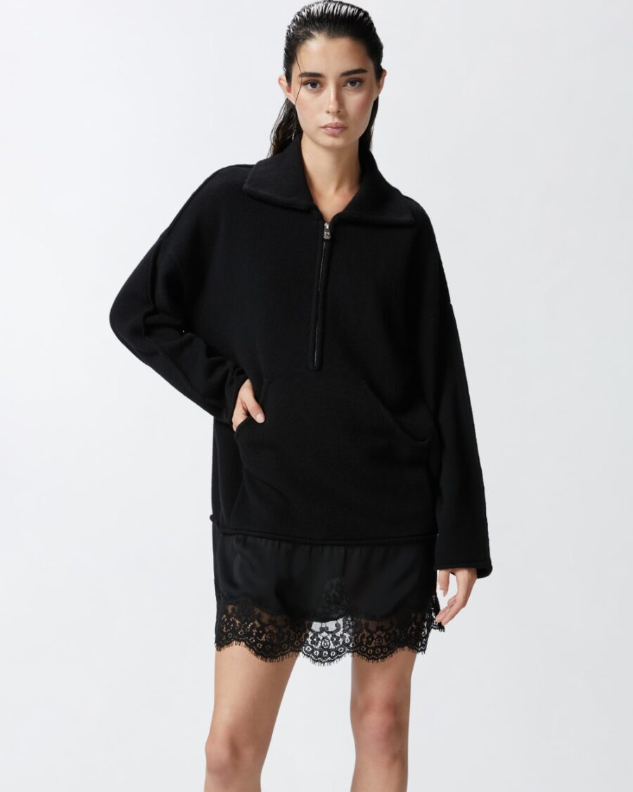 Abito in maglia con inserto in satin e pizzo nero limousine
