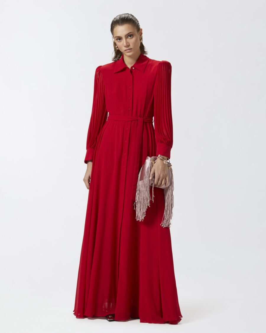 Abito lungo a camicia con schiena in trasparenza rosso salsa