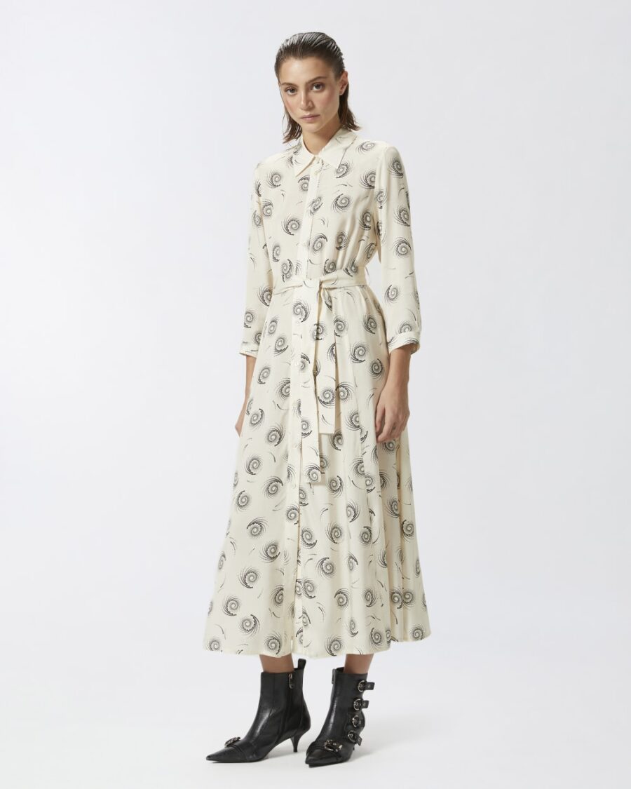Abito lungo a camicia in twill stampa vortici panna e nero