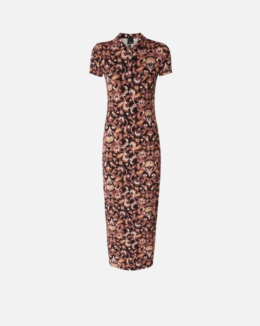 Long floral dress with short sleeves mult.marrone e beige