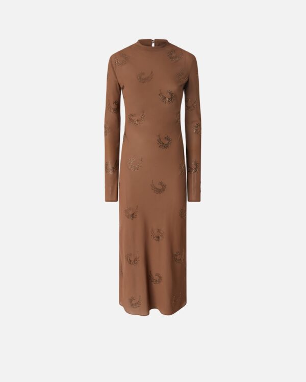 Long high-necked dress with rhinestone swirls marrone  e  pigna