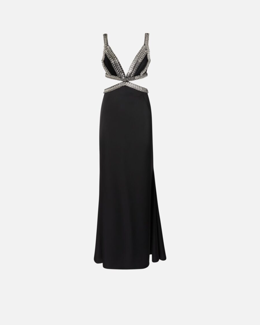 Elegant long dress with metallic embroidery nero limousine