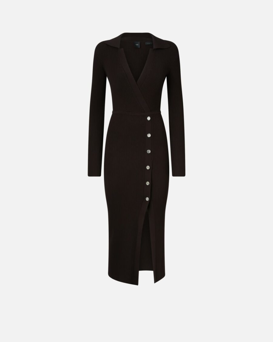 Long ribbed knit dress with golden buttons marrone oltre buio
