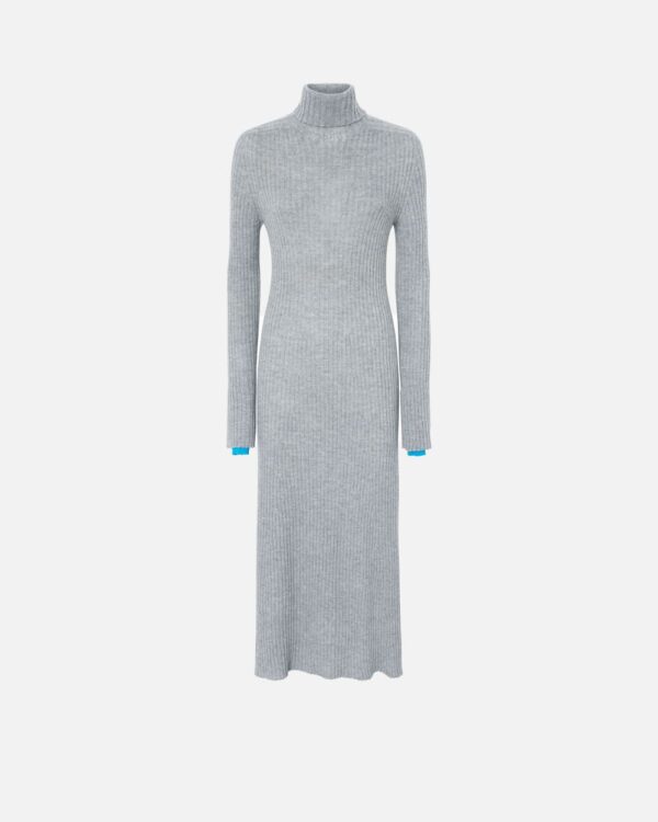 Long ribbed knit cashmere-blend dress grigio chiaro e turchese
