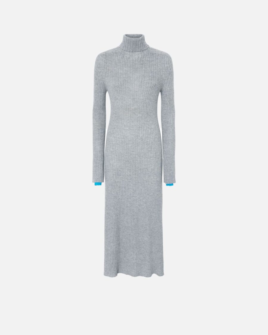Long ribbed knit cashmere-blend dress grigio chiaro e turchese