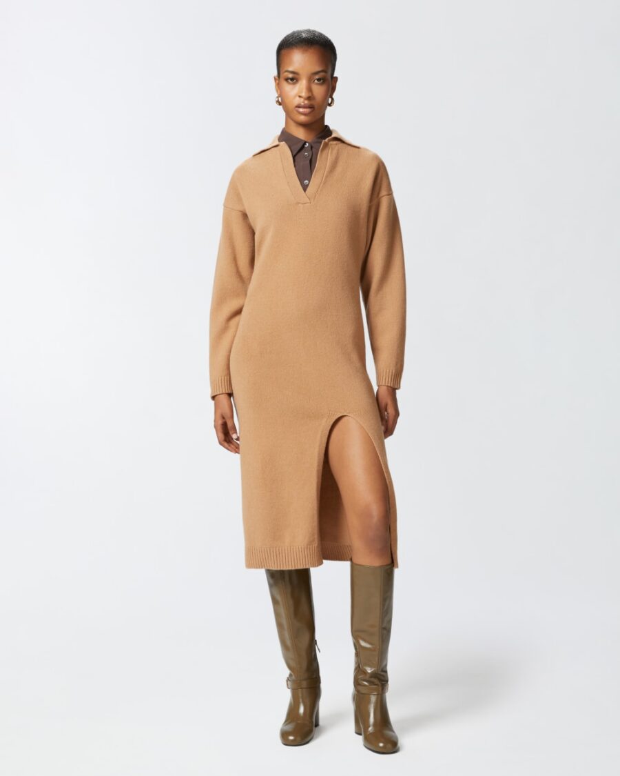 Abito lungo in maglia misto cachemire beige tannino