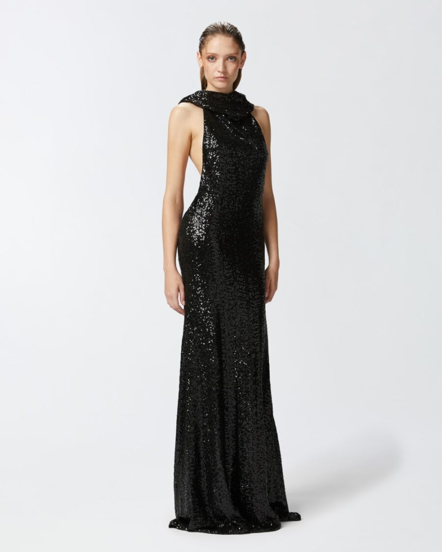 Abito lungo in paillettes elegante con schiena scoperta - immagine 4