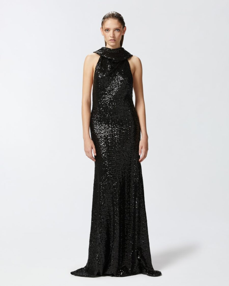 Abito lungo in paillettes elegante con schiena scoperta nero limousine