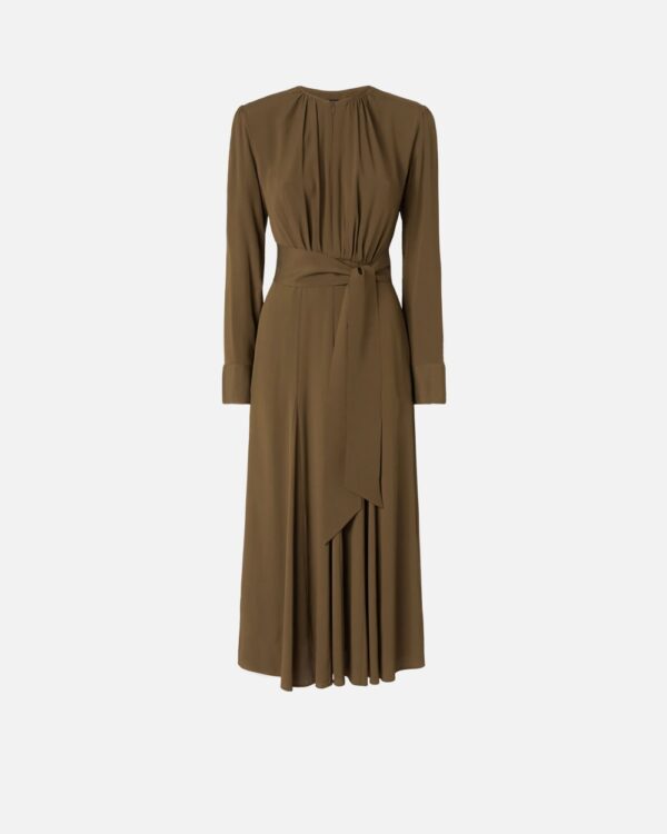 Long silk-blend dress with belt and long sleeves verde e sottobosco
