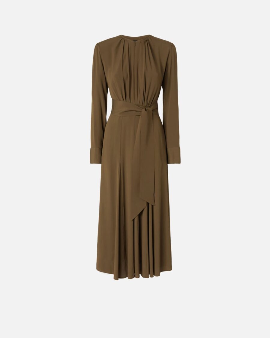 Long silk-blend dress with belt and long sleeves verde e sottobosco