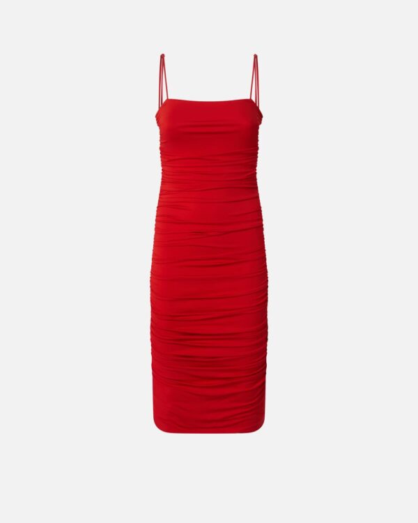 Slim-fit technical fabric midi dress with gathering rosso salsa