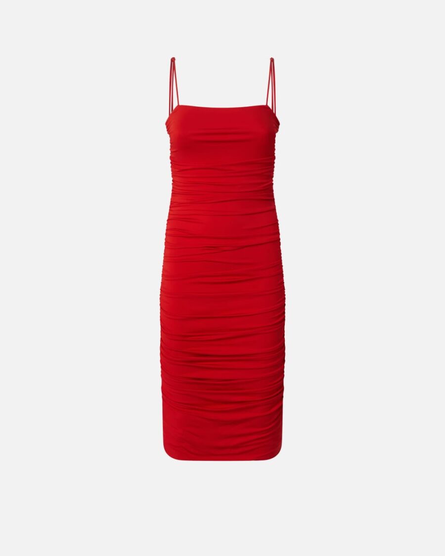 Slim-fit technical fabric midi dress with gathering rosso salsa