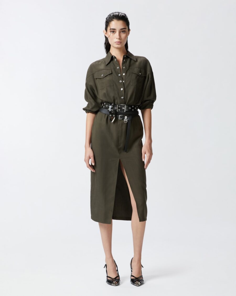 Abito midi chemisier con cintura e taschini verde e grigiastro