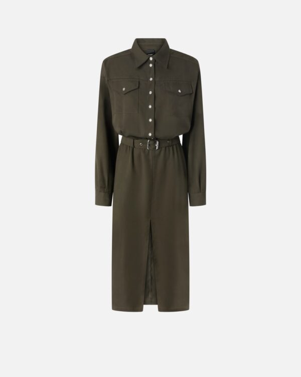 Midi shirt dress with belt and pockets verde e grigiastro