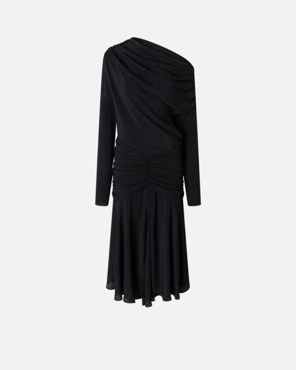 Abito midi con drappeggi in crêpe misto seta nero limousine