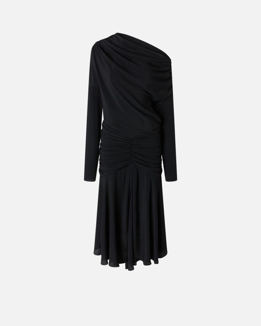 Abito midi con drappeggi in crêpe misto seta nero limousine