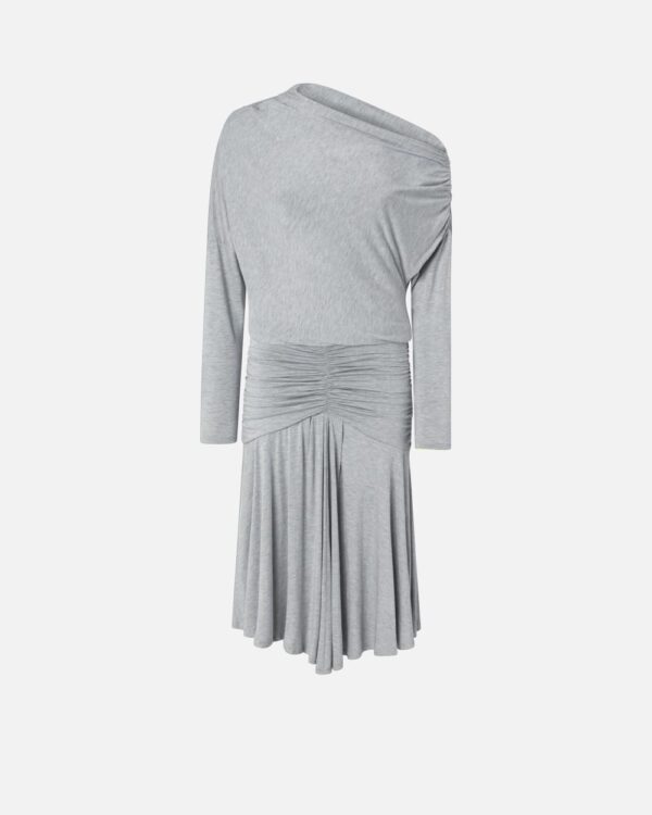 Abito midi in jersey con drappeggi e spalla scoperta grigio pioggerella