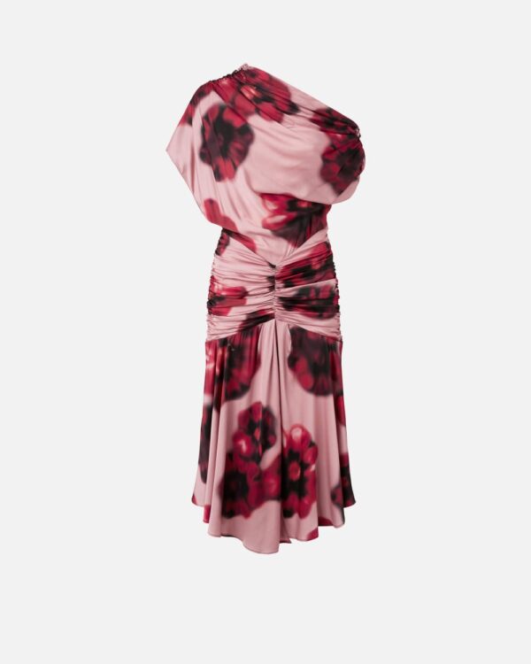 Abito midi stampa fiore sfumato con drappeggi rosa e rosso