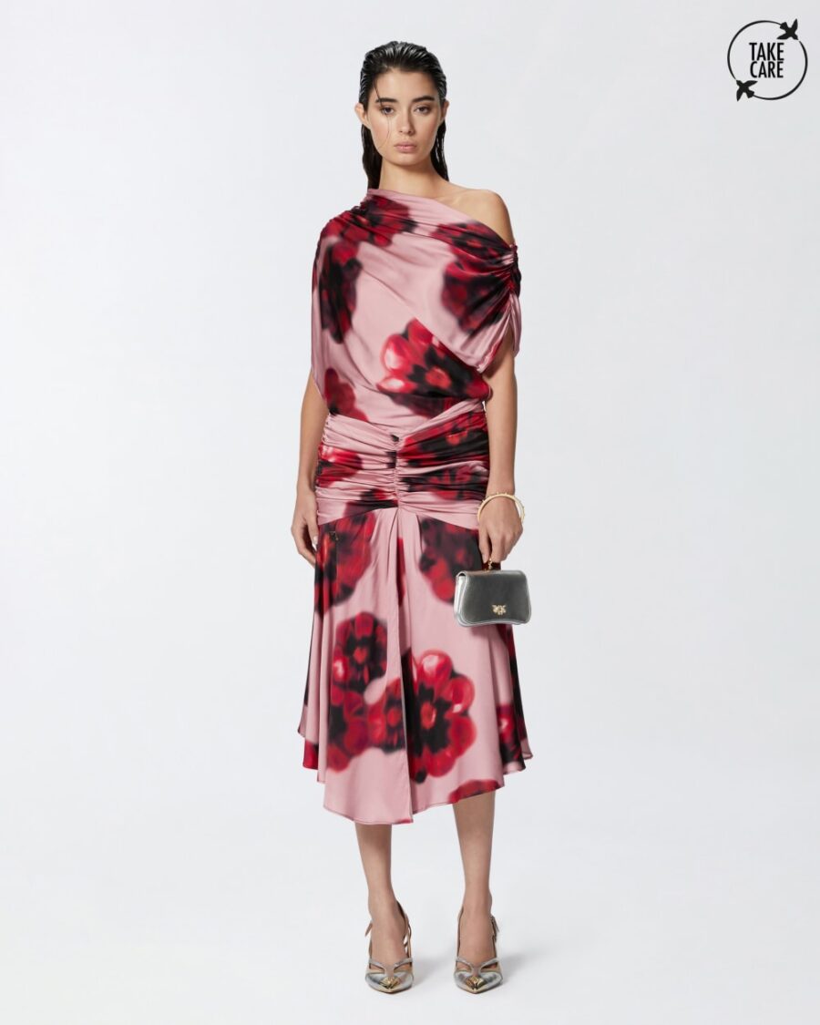 Abito midi stampa fiore sfumato con drappeggi rosa e rosso