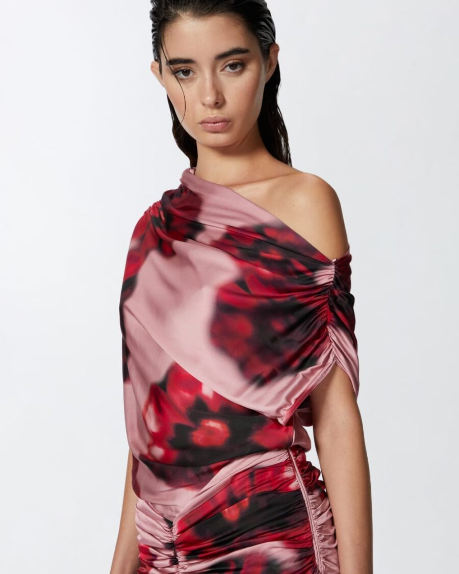 Fade-effect midi dress with floral print and draping - Image 7