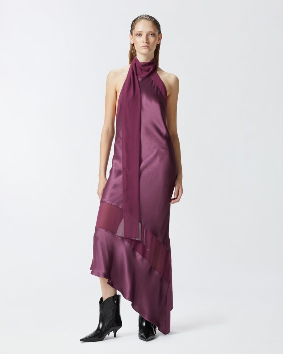 Abito schiena scoperta satin e georgette vino d'uva