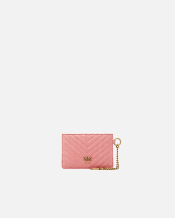Accessorio porta carte in pelle matelassé con catenella fiore di pesco e antique gold