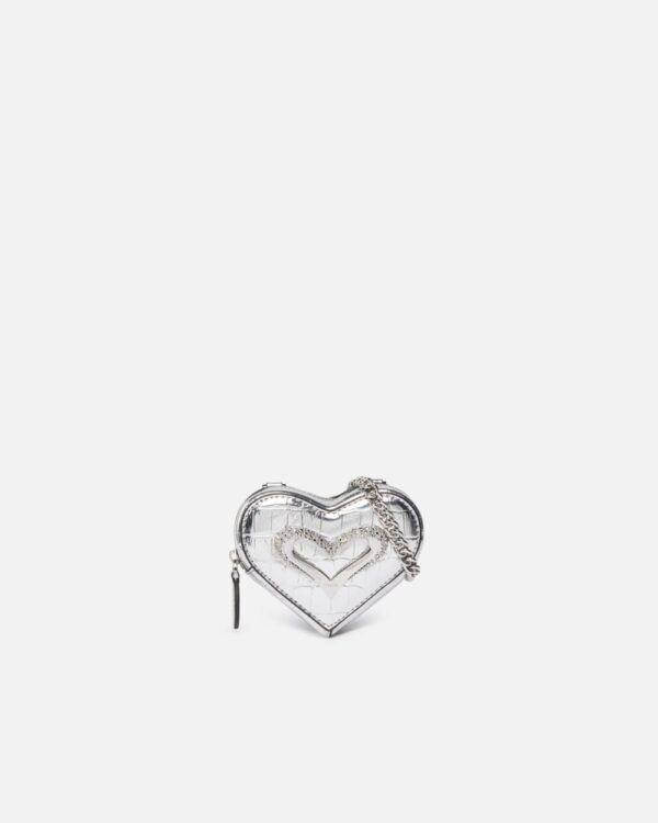 Accessorio portamonete cuore in pelle specchiata argento argento e nickel lucido