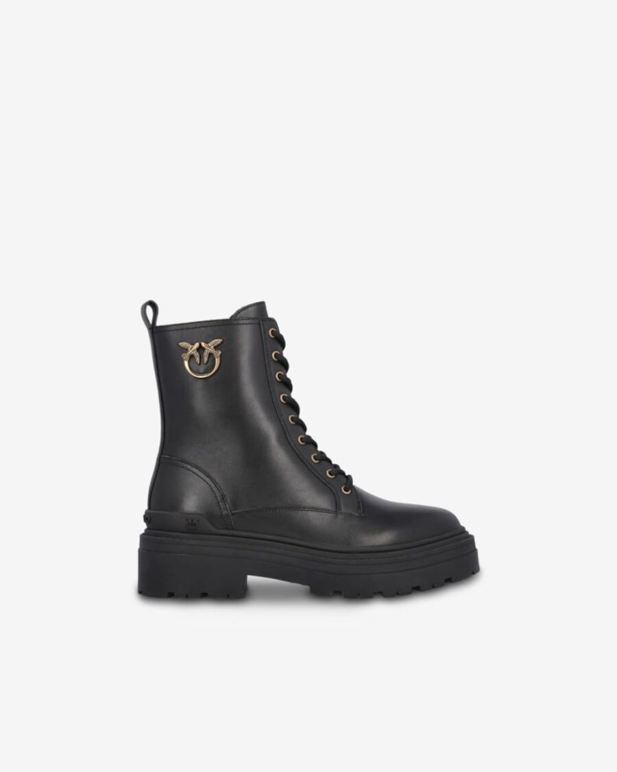 Leather combat boots with metal logo nero limousine