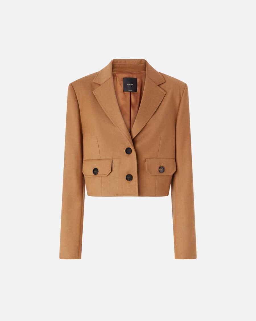 Blazer corto monopetto in flanella di lana marrone noce
