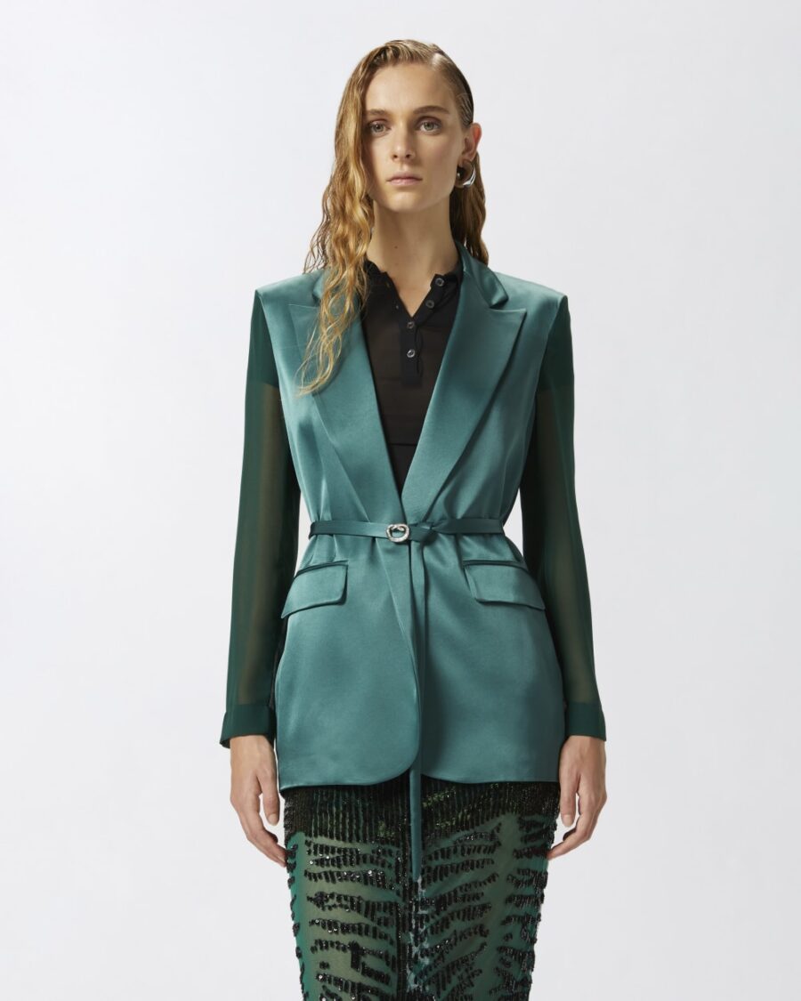 Blazer lucido con maniche trasparenti verde bottiglia scuro