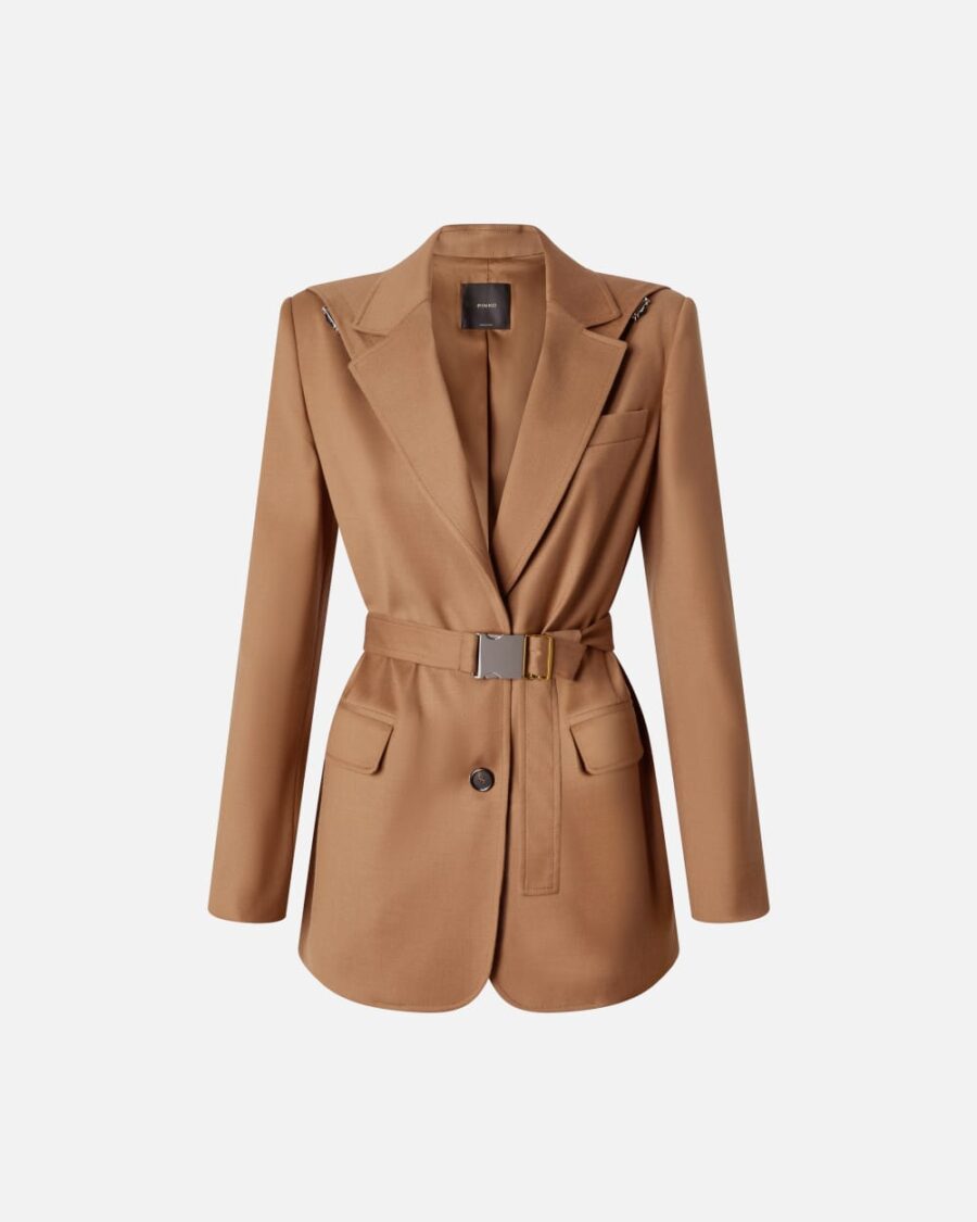 Blazer monopetto in flanella con cappuccio e cintura marrone noce