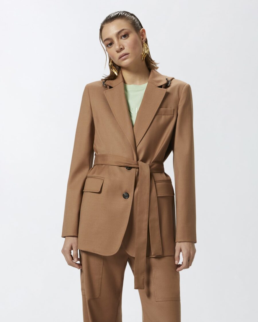 Blazer monopetto in flanella con cappuccio e cintura marrone noce