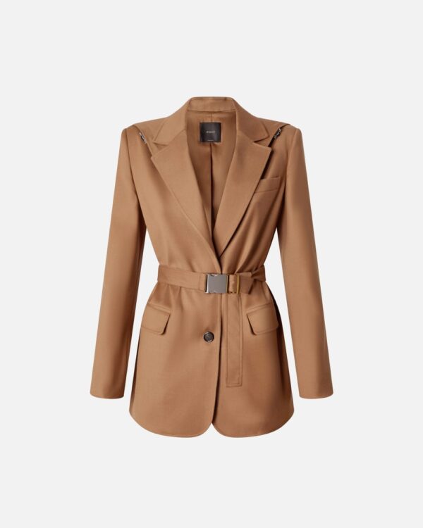 Single-breasted flannel blazer with hood and belt marrone noce