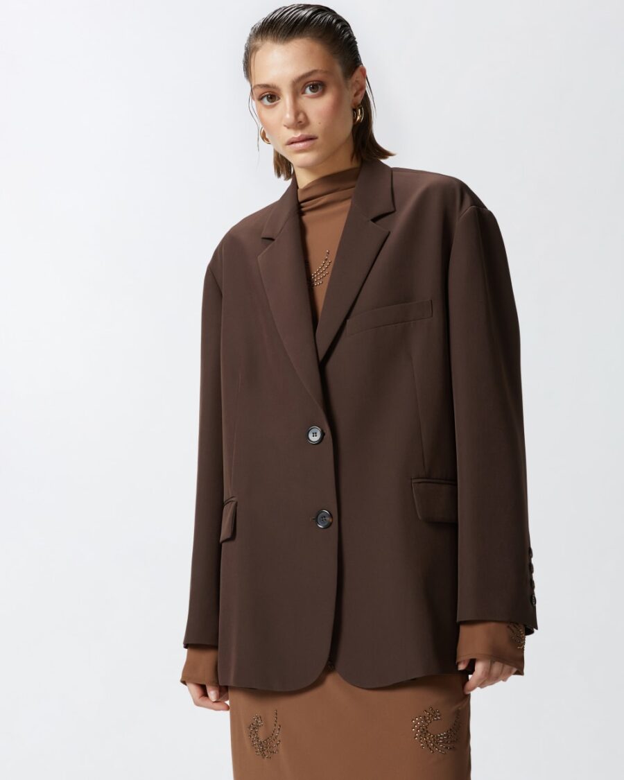 Blazer monopetto oversize in tessuto tecnico marrone e chicco di caffe'