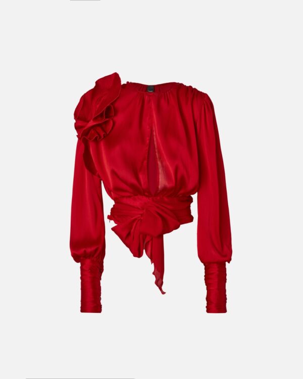 Blusa cropped in satin con applicazioni rosso salsa