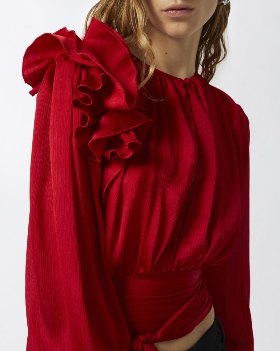 Blusa cropped in satin con applicazioni - immagine 6