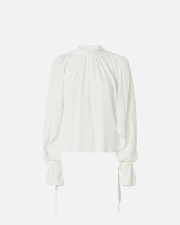 Blusa in misto seta con maniche volant bianco e gelato vaniglia