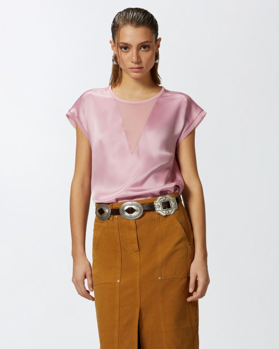 Blusa t-shirt satin e georgette rosa antico