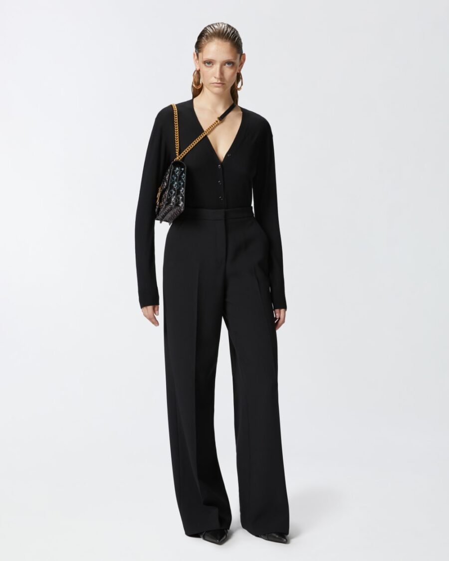 Body abbottonato in lana extrafine con scollo a V nero limousine
