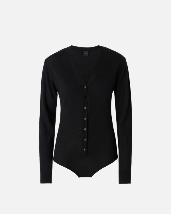 Body abbottonato in lana extrafine con scollo a V nero limousine