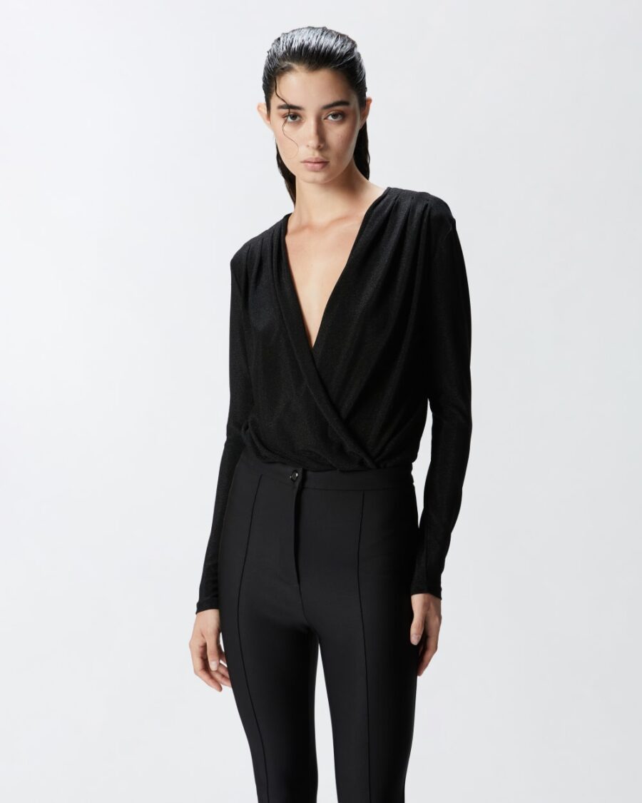 Body drappeggiato in maglia lurex metallizzata nero e nero lurex