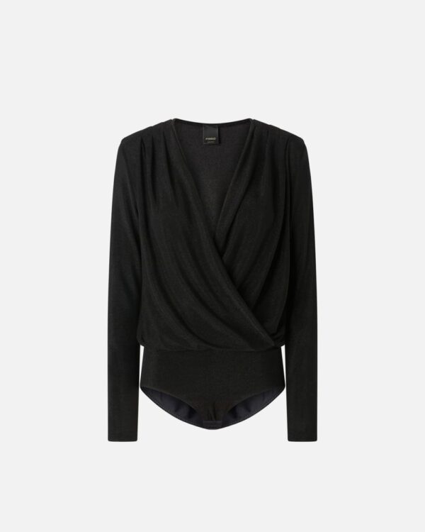 Metallic lurex knit draped bodysuit nero e nero lurex